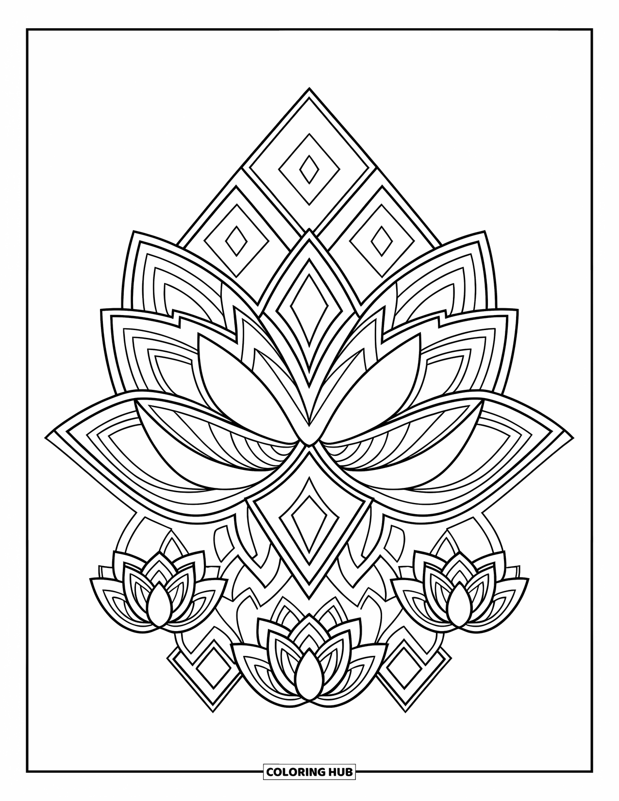 Bloemen Mandala Kleurplaat voor Kinderen: Lotusbloemblaadjes en diamanten combineren in een mandala met gelaagde, vloeiende vormen