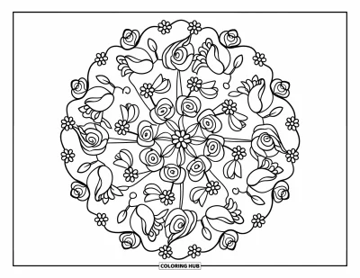 Blumenmandala-Ausmalbild für Kinder: Blumenringe mit Tulpen und Rosen bilden ein fröhliches Mandala
