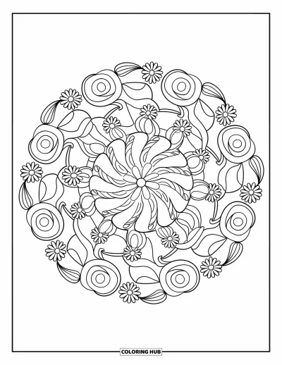 Blumenmandala-Ausmalbild für Kinder: Rosen und Gänseblümchen spiralen in ein verspieltes Mandala zum Ausmalen