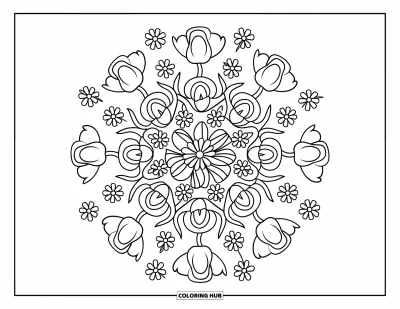 Blumenmandala-Ausmalbild für Kinder: Rosen und Tulpen formen ein rundes Mandala, perfekt für den Spaß in der Grundschule