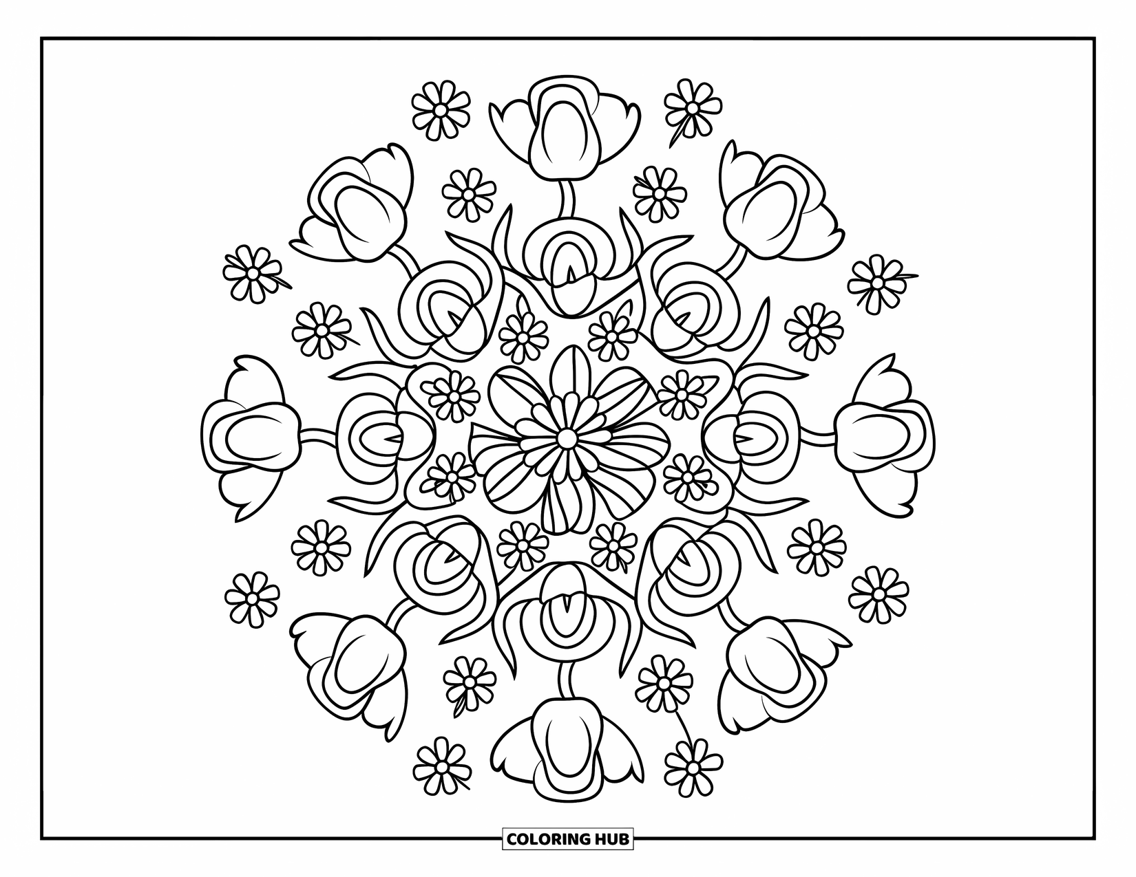 Bloemen Mandala Kleurplaat voor Kinderen: Rozen en tulpen vormen een cirkelvormige mandala perfect voor basisschoolplezier