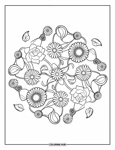 Blumenmandala-Ausmalbild für Kinder: Rosen, Gänseblümchen und Sonnenblumen bilden ein detailreiches Mandala mit fließenden Blättern