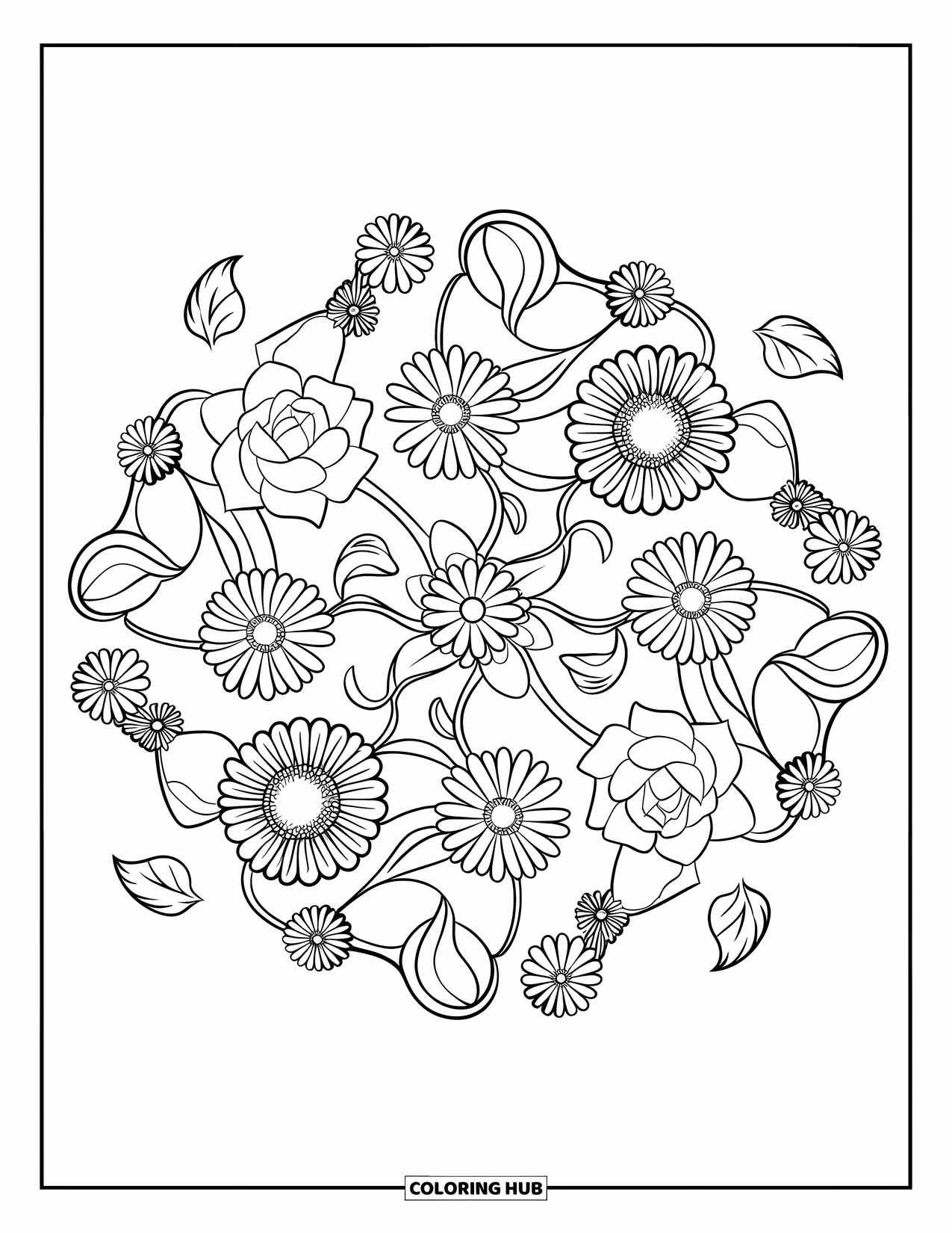 Bloemen Mandala Kleurplaat voor Kinderen: Rozen, madeliefjes en zonnebloemen vormen een gedetailleerde mandala met vloeiende bladeren