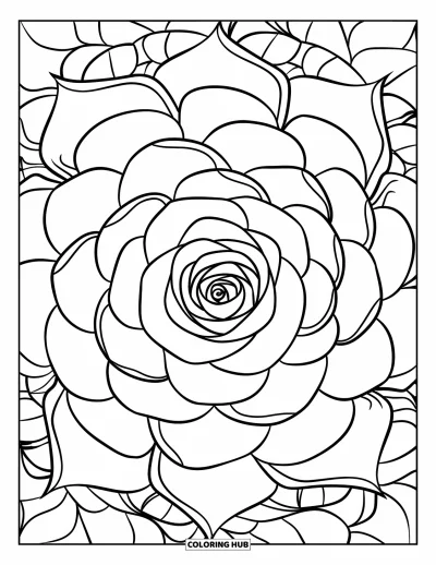Blumenmandala-Ausmalbild für Kinder: Rosen spiralen nach außen in detailreichen Falten für ein kräftiges Blumenmandala-Design