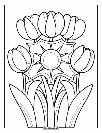 Blumenmandala-Ausmalbild für Kinder: Runde Blütenblätter und eine fröhliche Sonne erwecken dieses Tulpenmandala zum Leben
