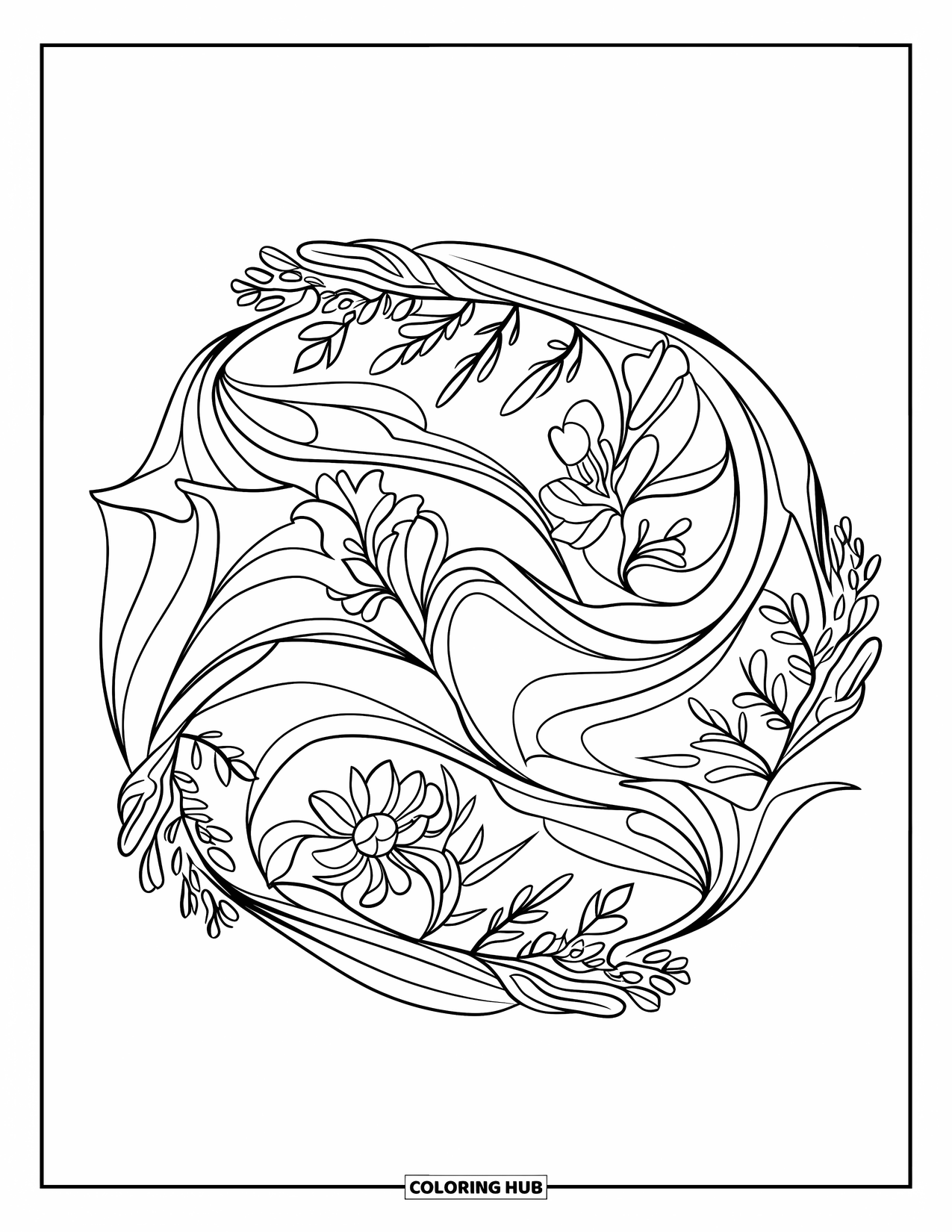 Bloemen Mandala Kleurplaat voor Kinderen: Wilde bloemen en bladerige curven vormen een cirkelvormige mandala met zachte, dikke lijnen