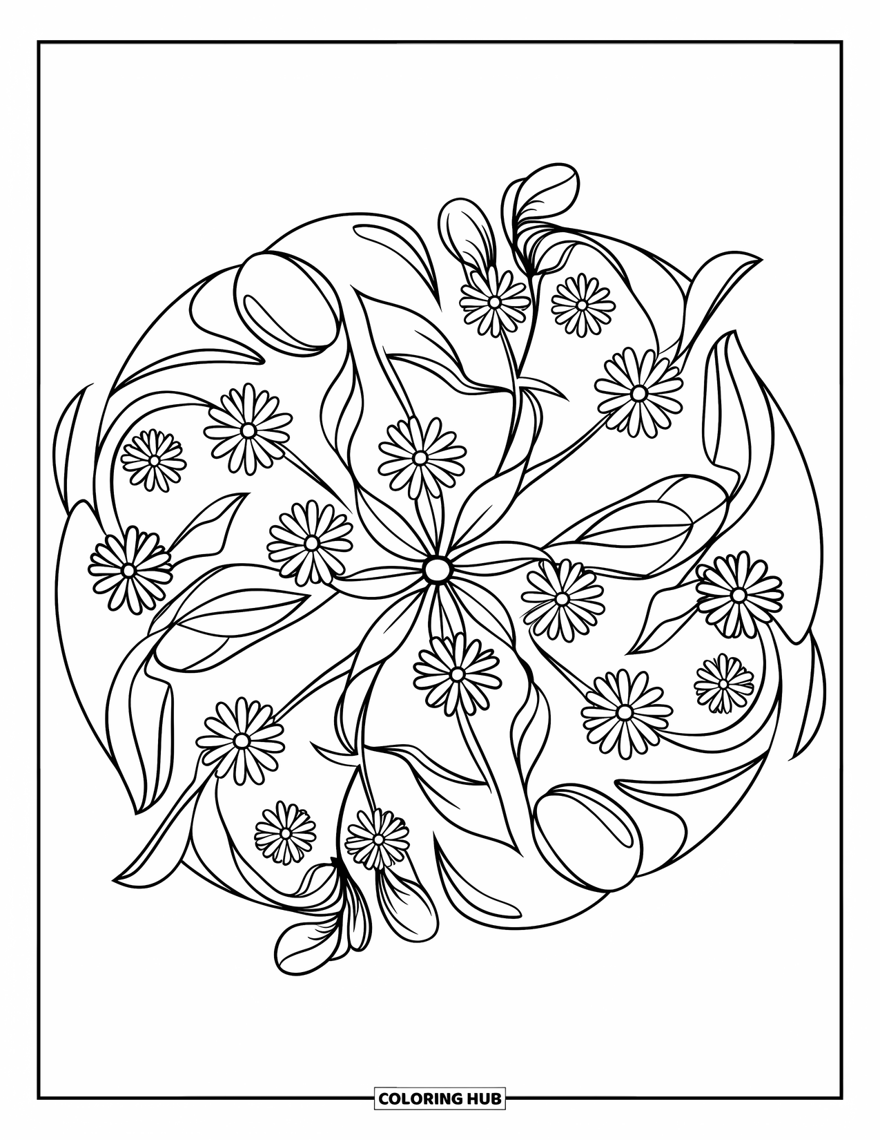 Bloemen Mandala Kleurplaat voor Kinderen: Wilde bloemen en bladeren draaien samen in een cirkelvormige, gemakkelijk in te kleuren mandala