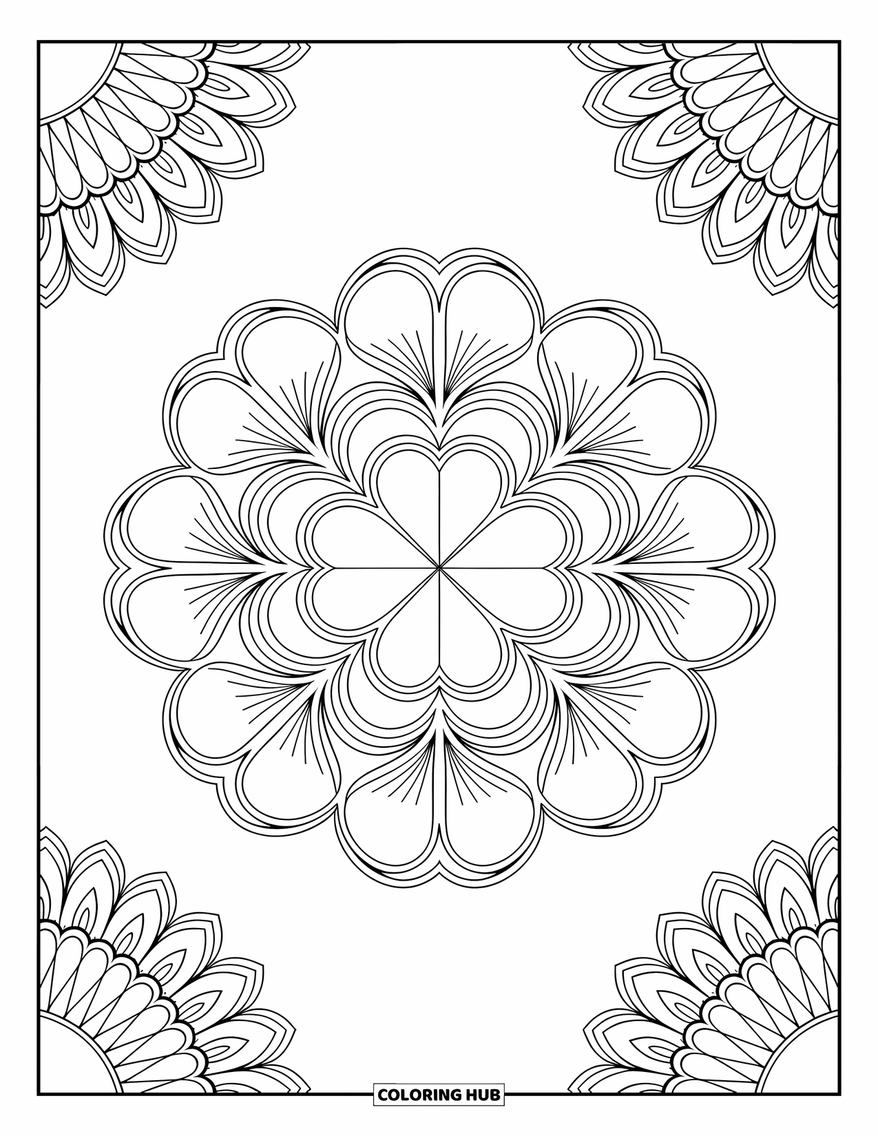 Four Leaf Clover Coloring Page for Adults: A clover-centered mandala with intricate patterns