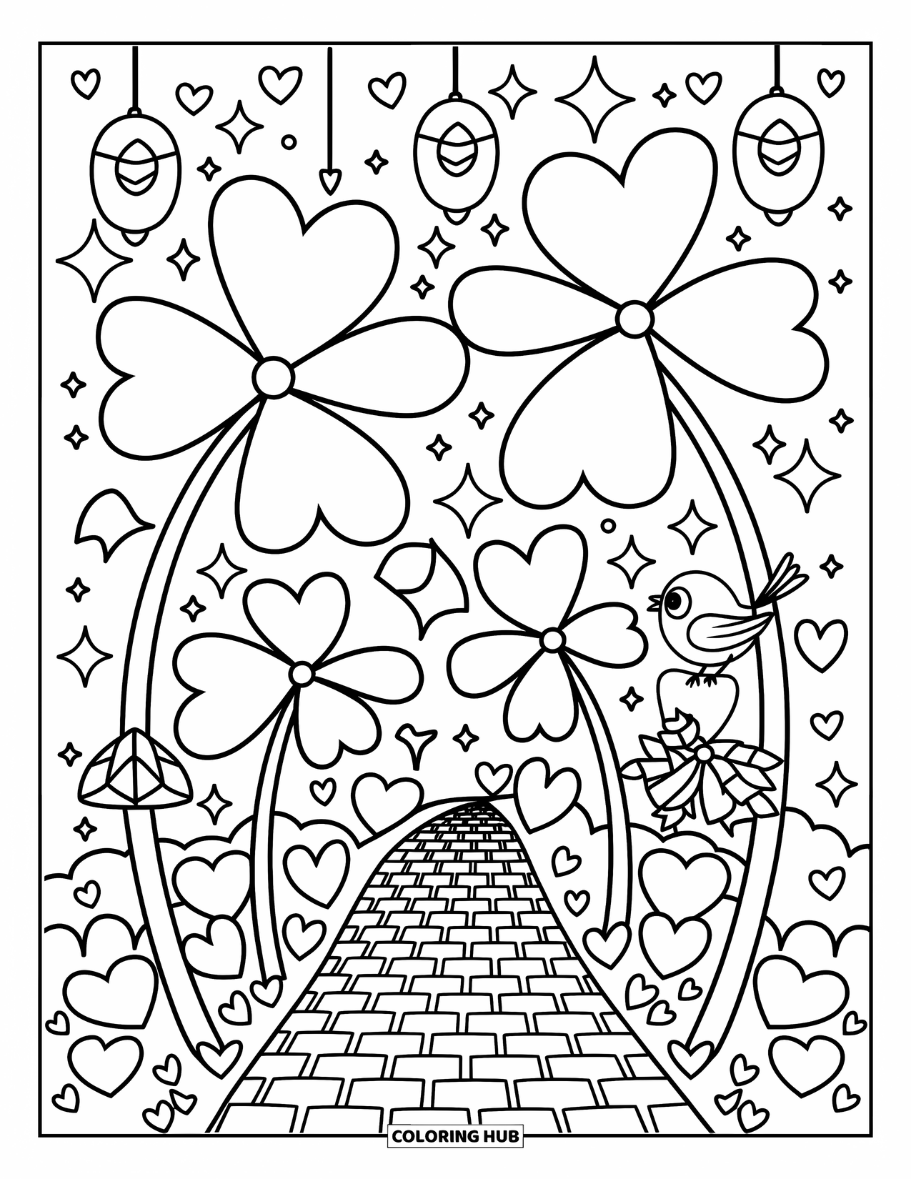 Four Leaf Clover Coloring Page for Adults: A clover garden with lanterns, hearts, sparkles, and a bird