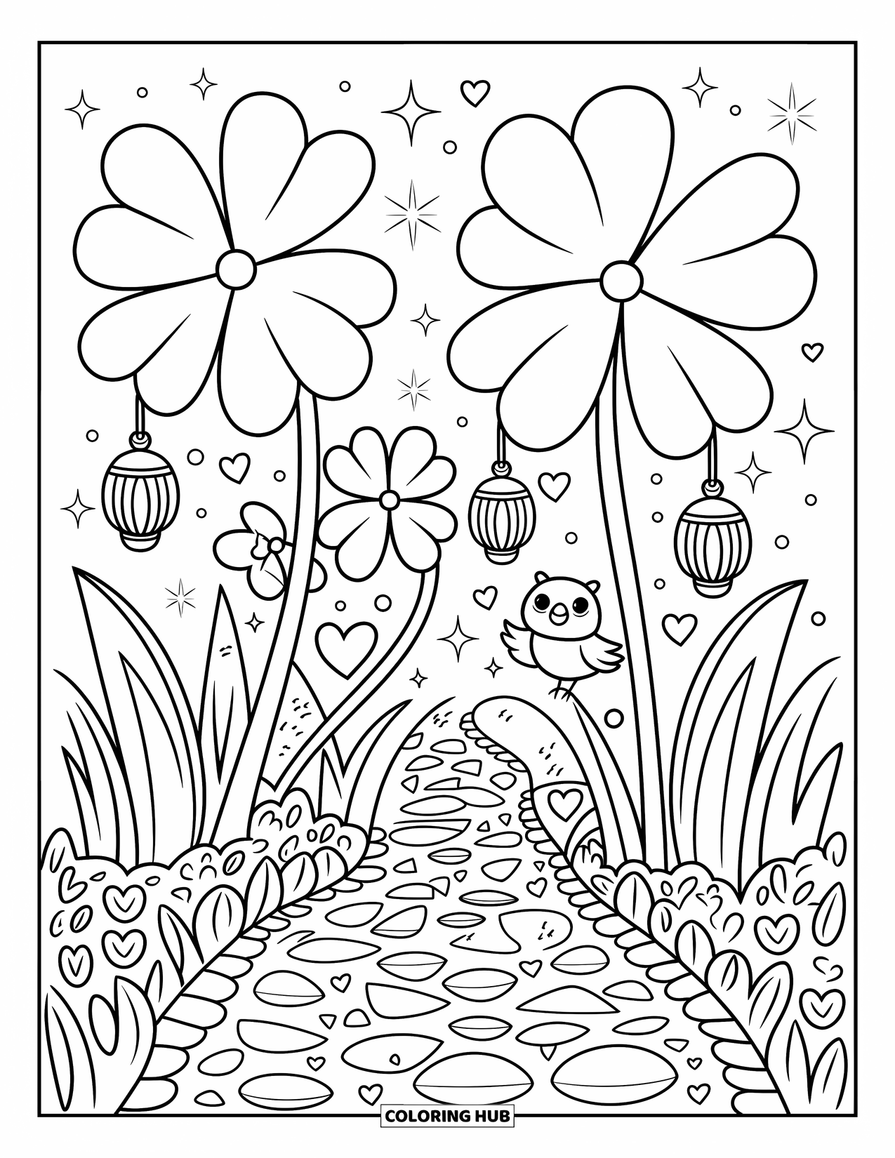 Four Leaf Clover Coloring Page for Adults: A clover garden with lanterns, stones, and a tiny bird