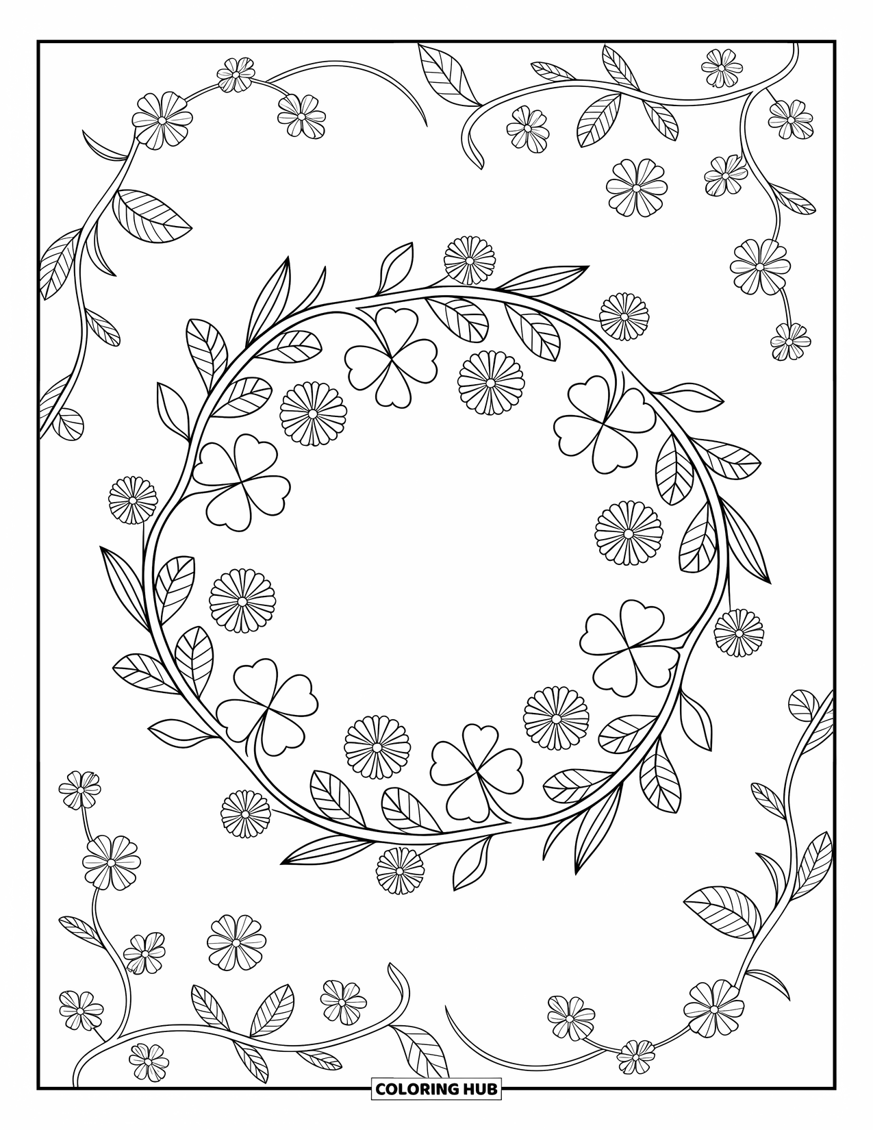 Four Leaf Clover Coloring Page for Adults: A clover wreath with flowers and intricate vine patterns