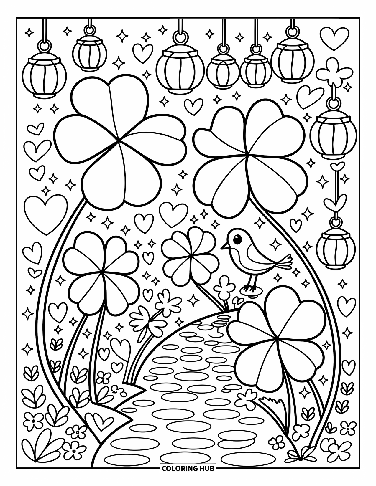 Four Leaf Clover Coloring Page for Adults: A garden of clovers with lanterns, hearts, and a bird