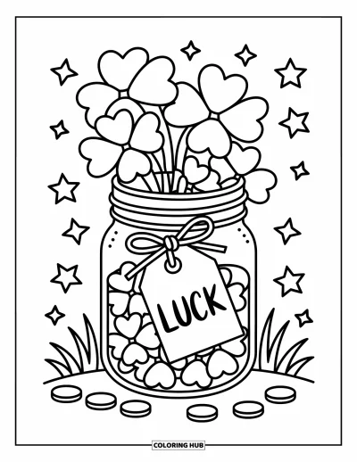 Klavertjevier Kleurplaat voor Volwassenen: Een pot met klavers met een "Luck" label, sterren en munten