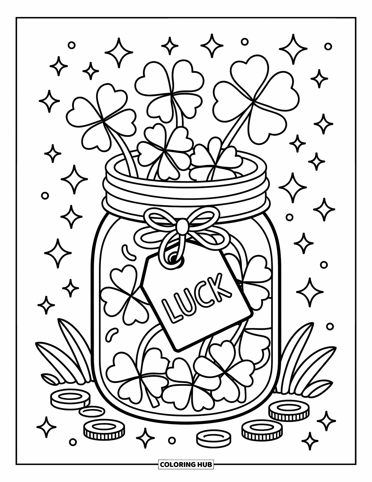 Four Leaf Clover Coloring Page for Adults: A jar of clovers with a "Luck" tag, stars, and soft grass