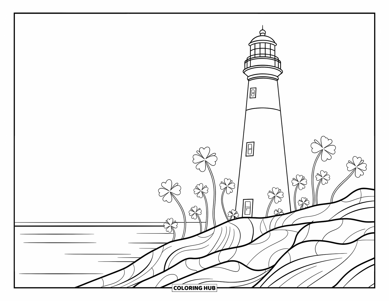 Four Leaf Clover Coloring Page for Adults: A lighthouse surrounded by clovers and waves with bold outlines