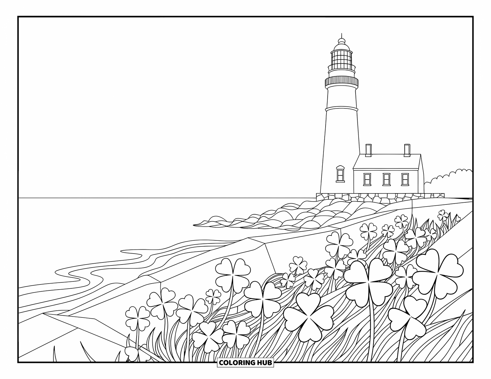 Four Leaf Clover Coloring Page for Adults: A lighthouse with clovers and swirling waves around it