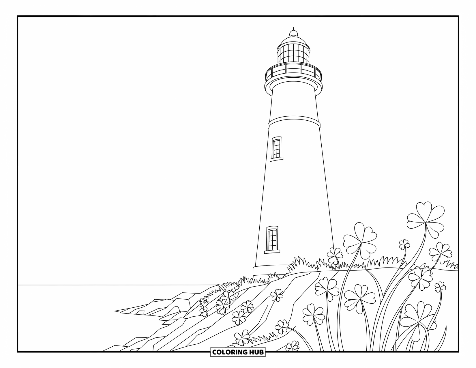 Four Leaf Clover Coloring Page for Adults: A lighthouse with clovers at the base and intricate patterns
