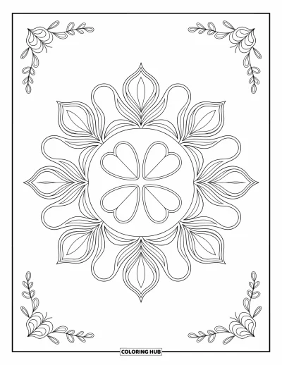 Klavertjevier Kleurplaat voor Volwassenen: Een mandala met klavers en wervelende ingewikkelde patronen