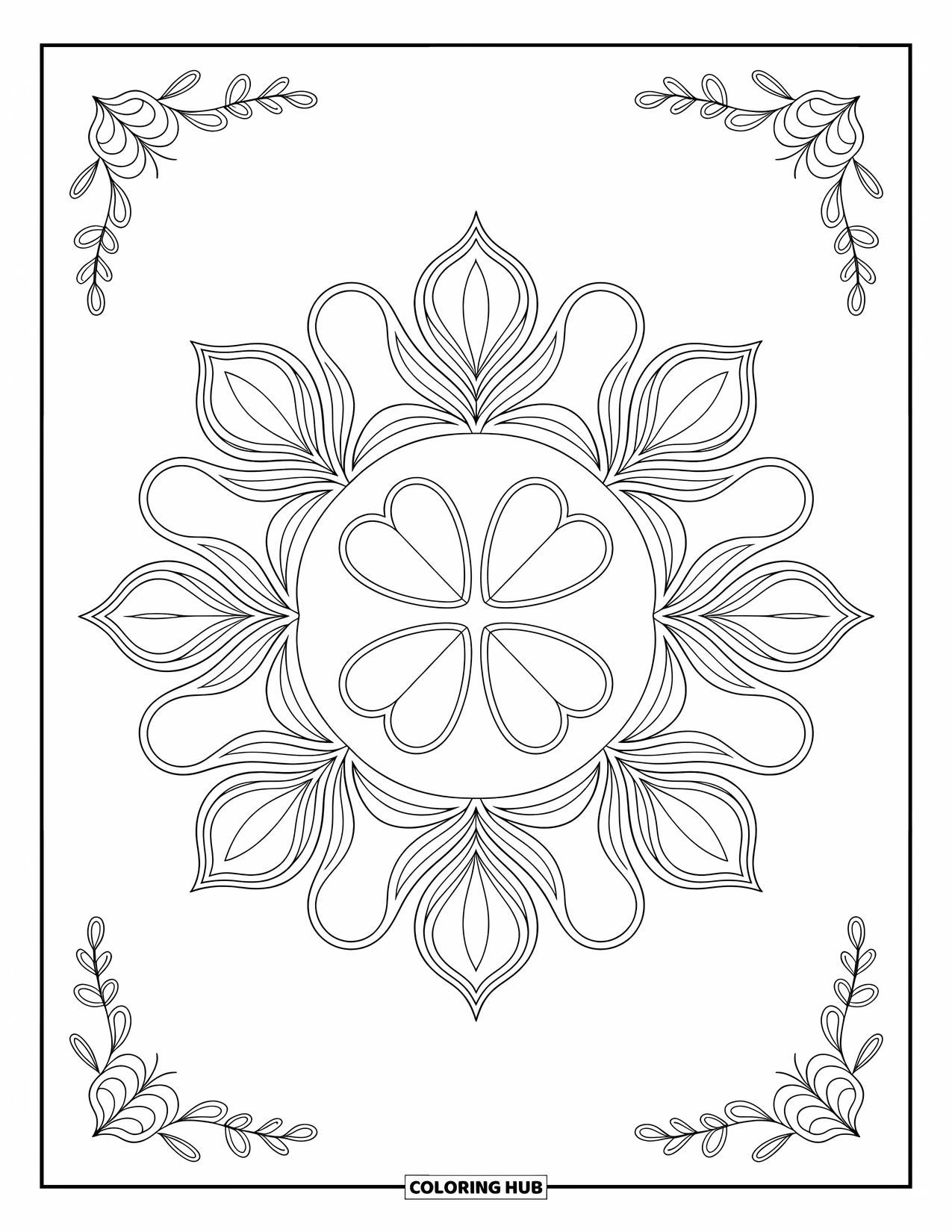 Four Leaf Clover Coloring Page for Adults: A mandala with clovers and swirling intricate patterns