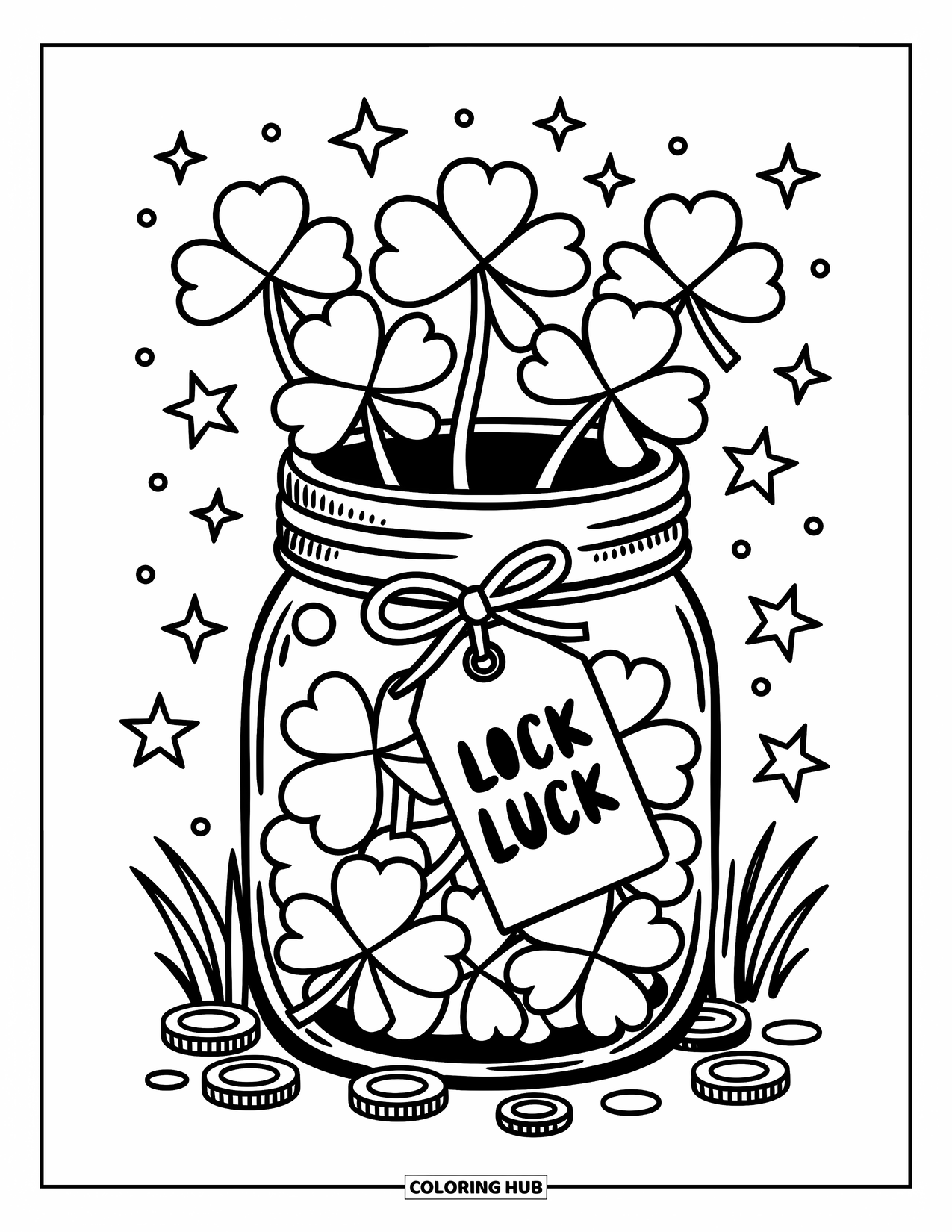 Four Leaf Clover Coloring Page for Adults: A mason jar of clovers with stars, coins, and a "Luck" tag