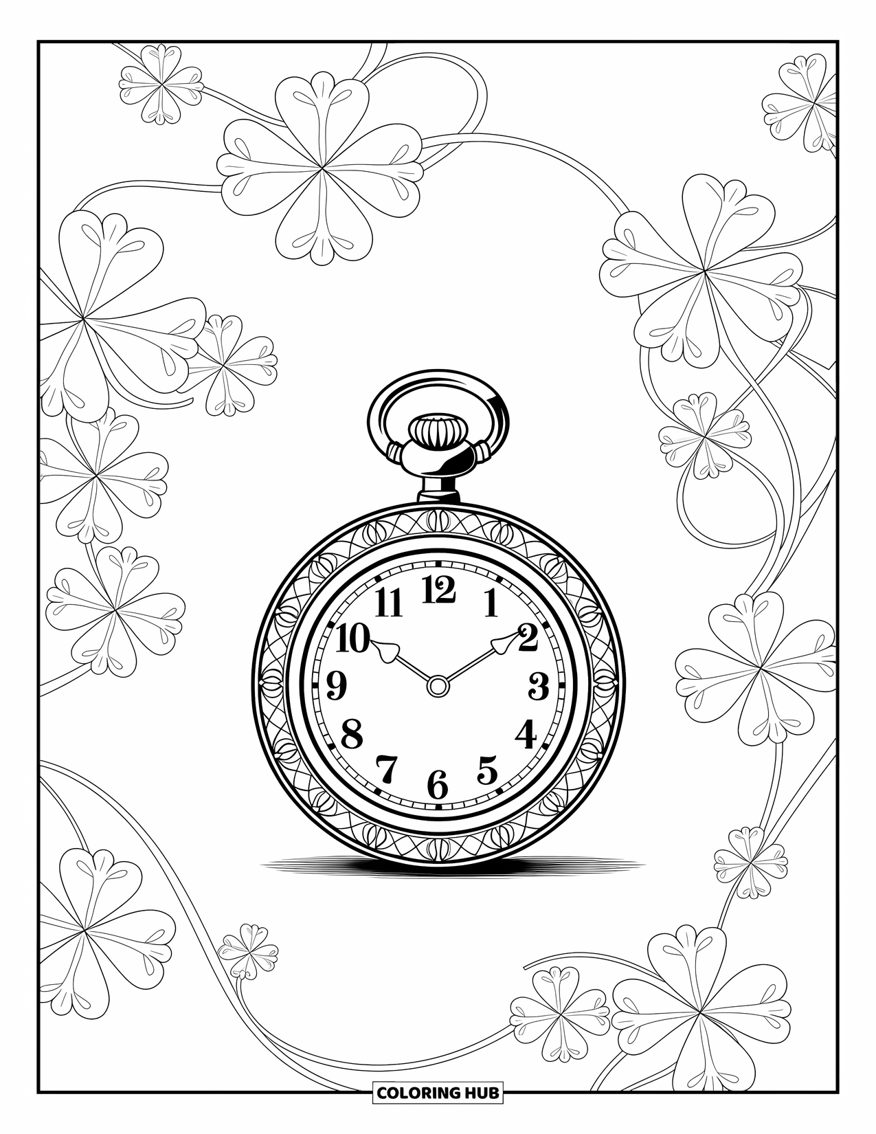 Four Leaf Clover Coloring Page for Adults: A pocket watch with clovers and intricate filigree patterns