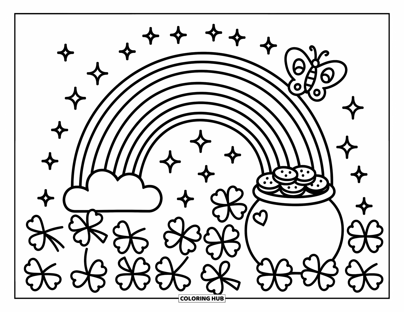 Four Leaf Clover Coloring Page for Adults: A rainbow, clovers, and a butterfly with sparkles in the sky