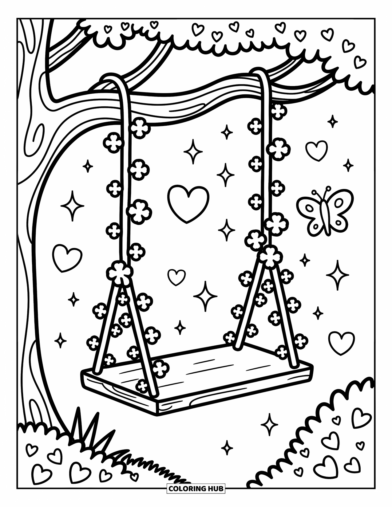 Four Leaf Clover Coloring Page for Adults: A swing made of vines and clovers with hearts and a butterfly