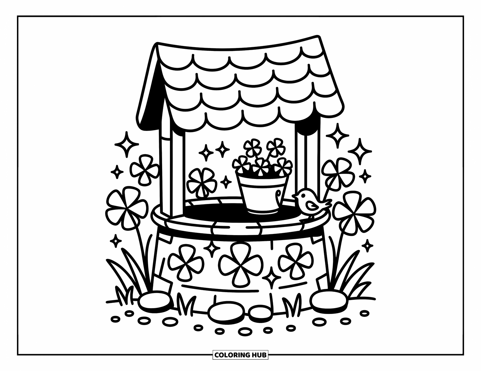 Four Leaf Clover Coloring Page for Adults: A well with clover carvings, stones, and a tiny bird