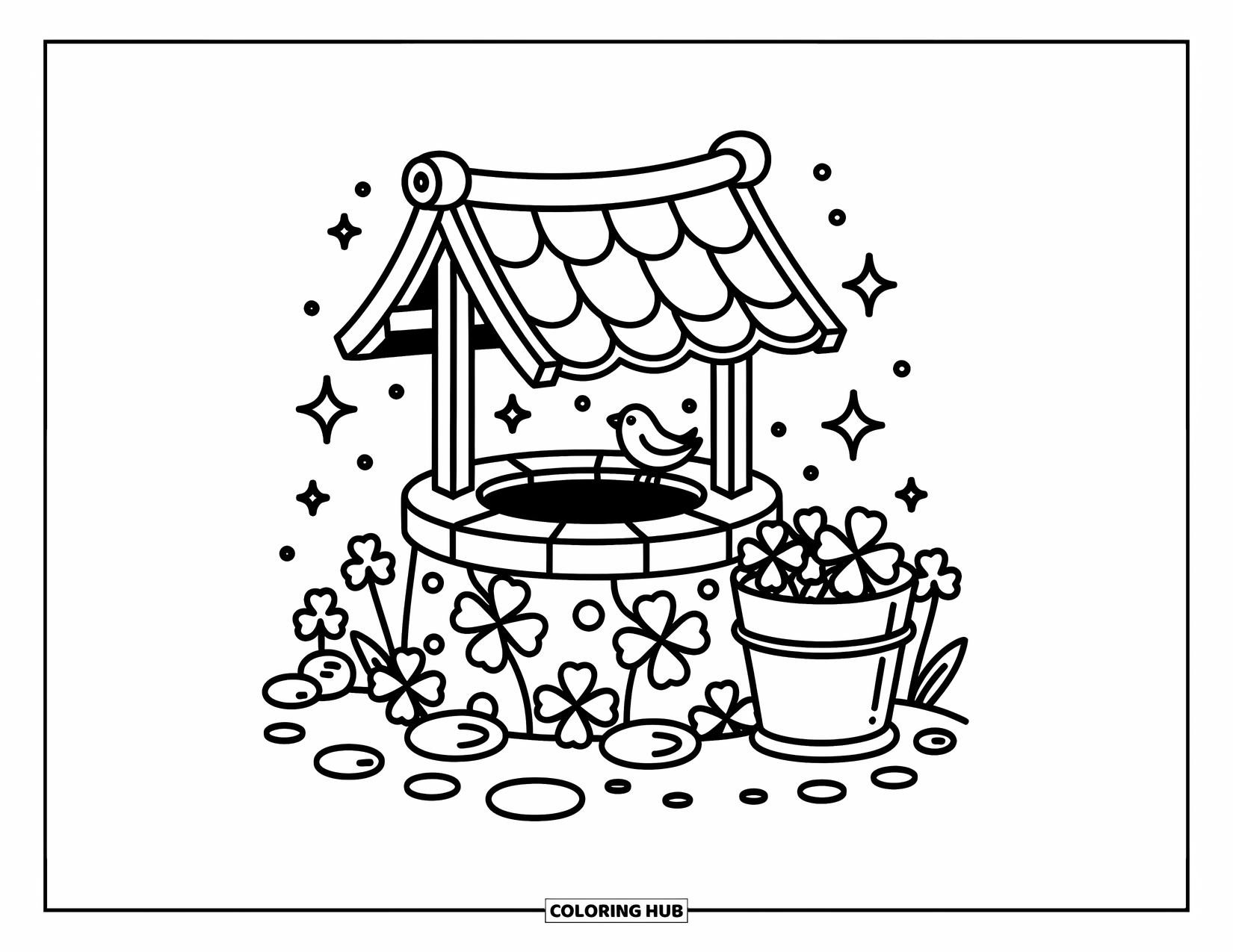 Four Leaf Clover Coloring Page for Adults: A well with clover carvings, stones, flowers, and a bird
