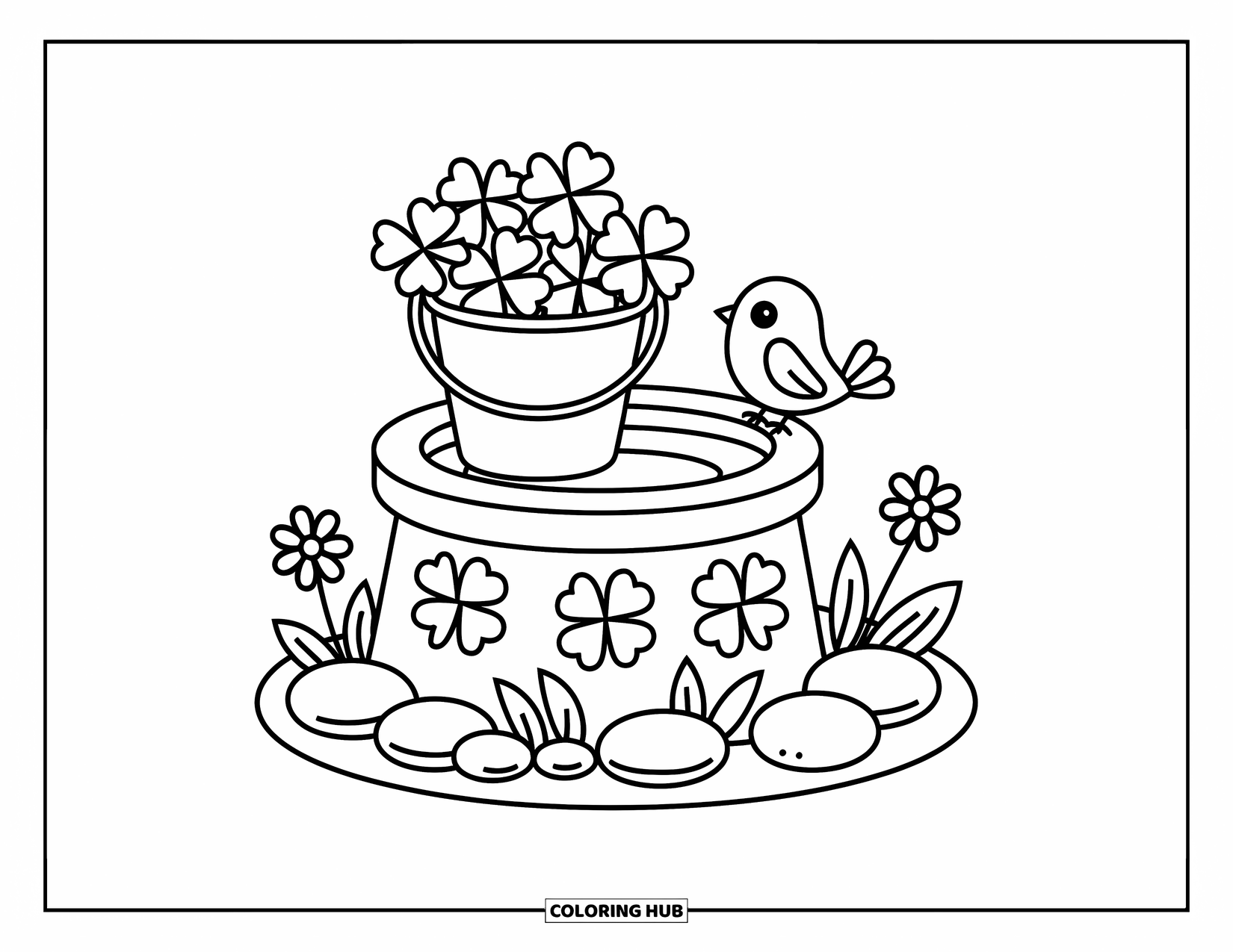 Four Leaf Clover Coloring Page for Adults: A well with clovers, flowers, and a bird perched on the edge