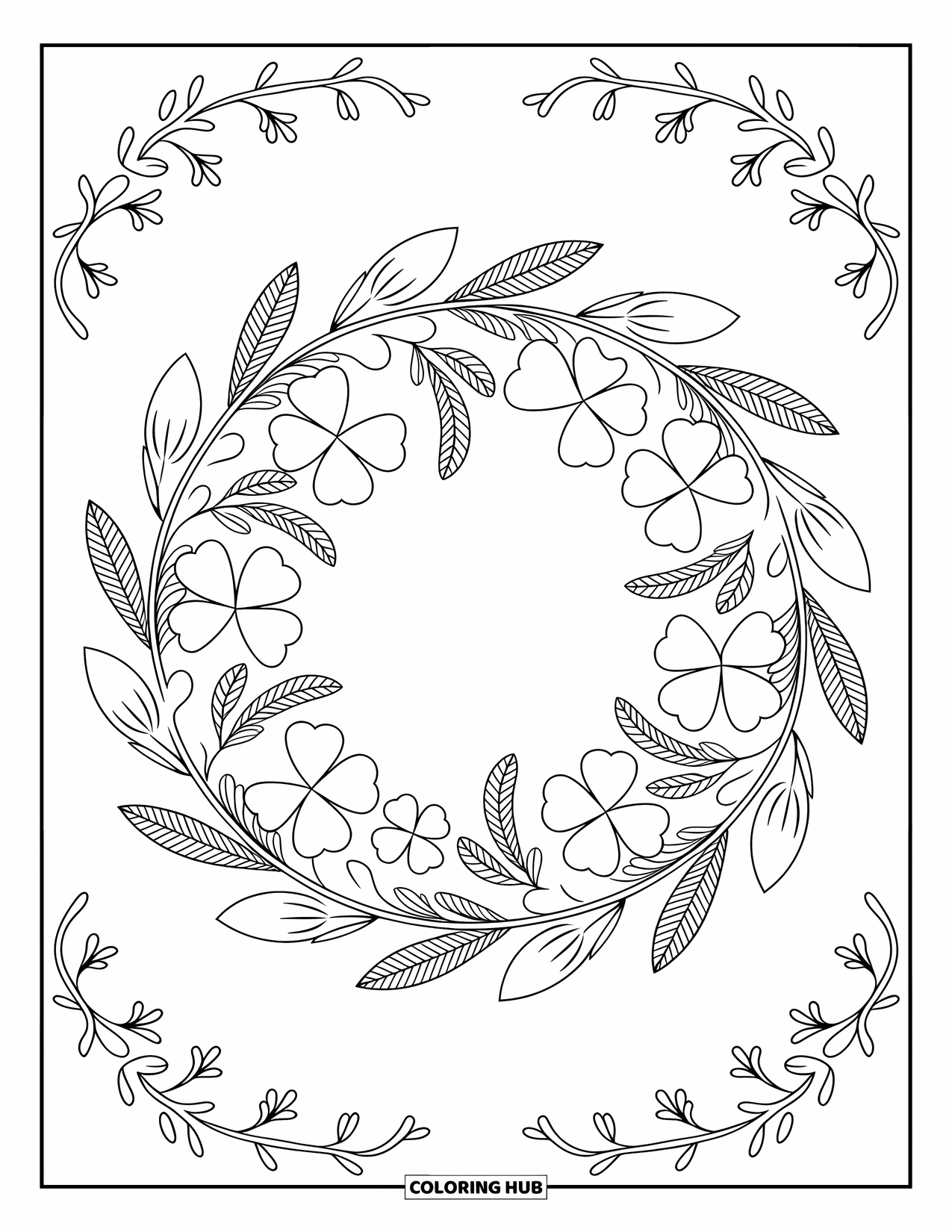 Four Leaf Clover Coloring Page for Adults: A wreath of clovers and flowers with delicate vines