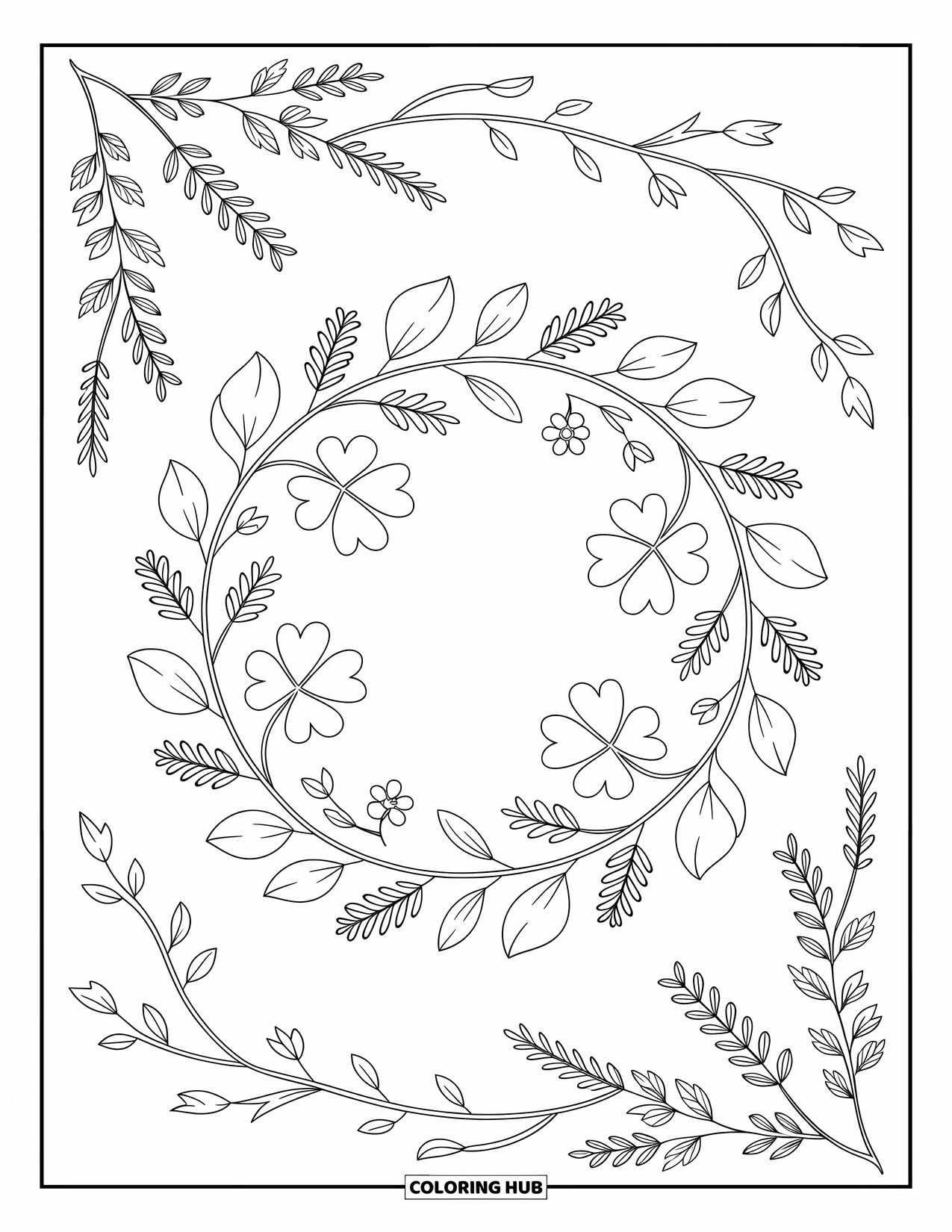 Four Leaf Clover Coloring Page for Adults: A wreath of clovers, leaves, and wildflowers with swirling vines