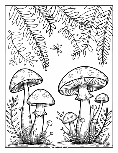 Klavertjevier Kleurplaat voor Volwassenen: Paddenstoelen met klavers en varens in een magisch bos