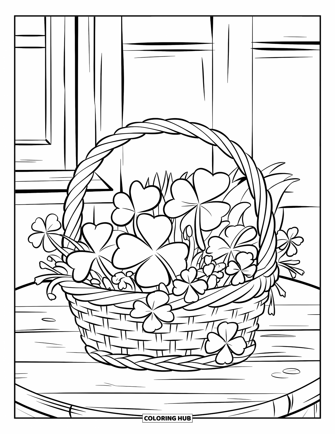 Four Leaf Clover Coloring Page for Kids: A basket of clovers and flowers on a wooden table