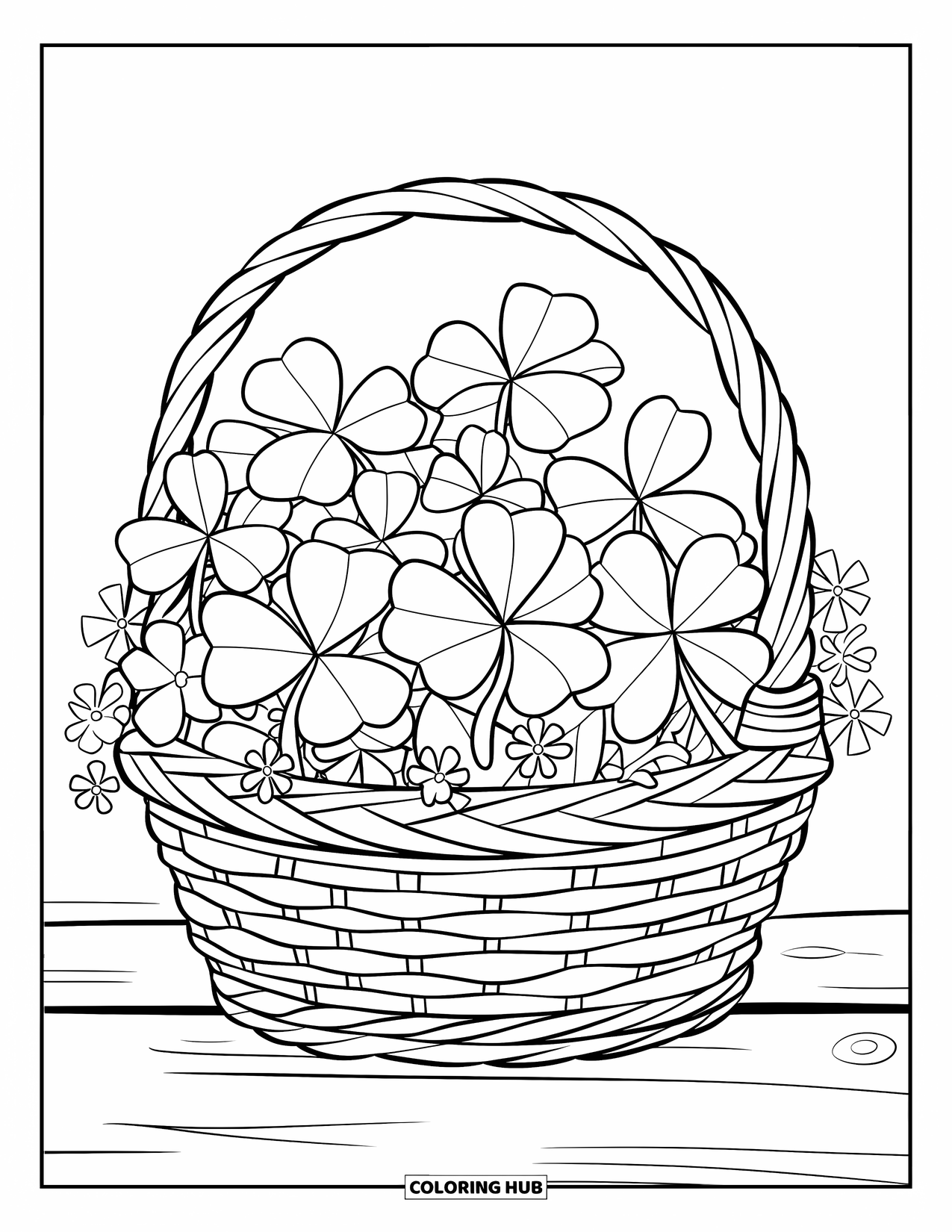 Four Leaf Clover Coloring Page for Kids: A basket of clovers and flowers with a handle