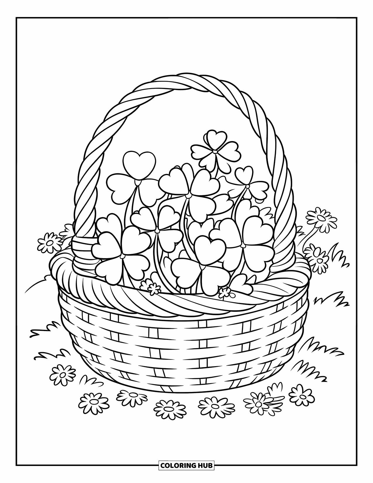 Four Leaf Clover Coloring Page for Kids: A basket of clovers and small flowers on the ground