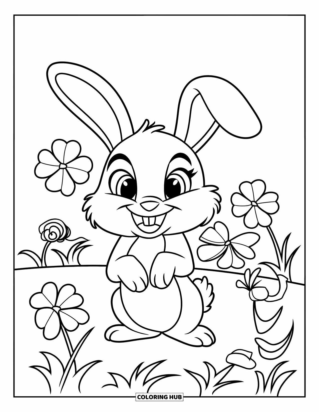 Four Leaf Clover Coloring Page for Kids: A bunny holding a clover surrounded by flowers