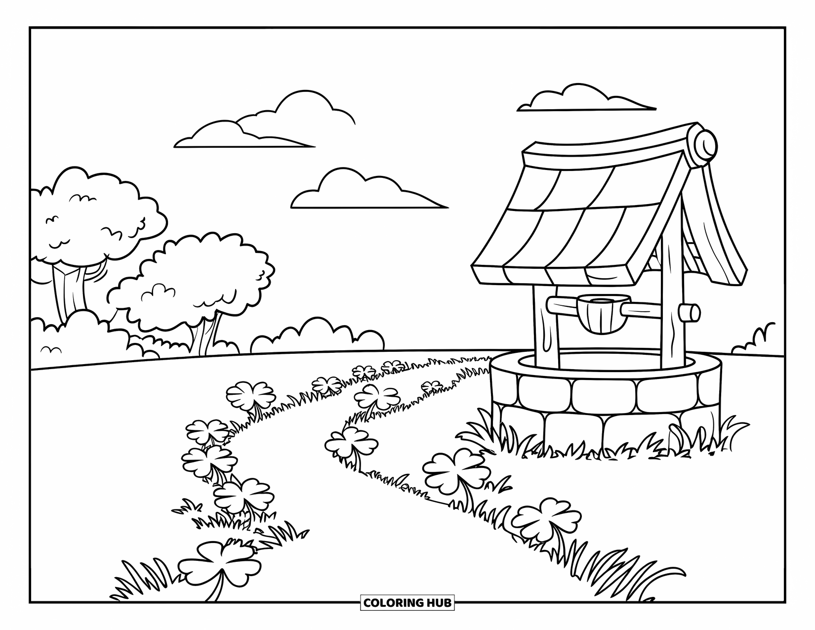 Four Leaf Clover Coloring Page for Kids: A clover path to a well with trees and clouds
