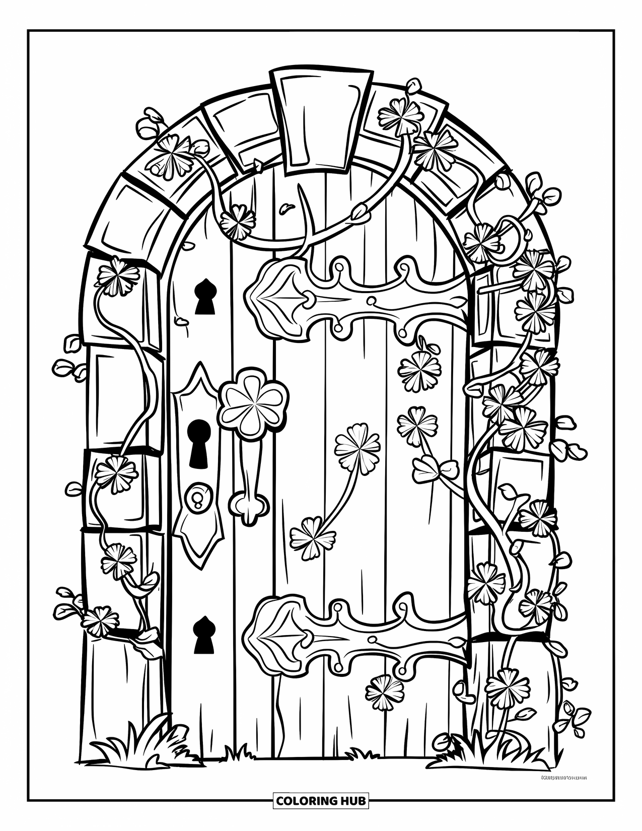 Four Leaf Clover Coloring Page for Kids: A door with vines, clovers, and a stone archway