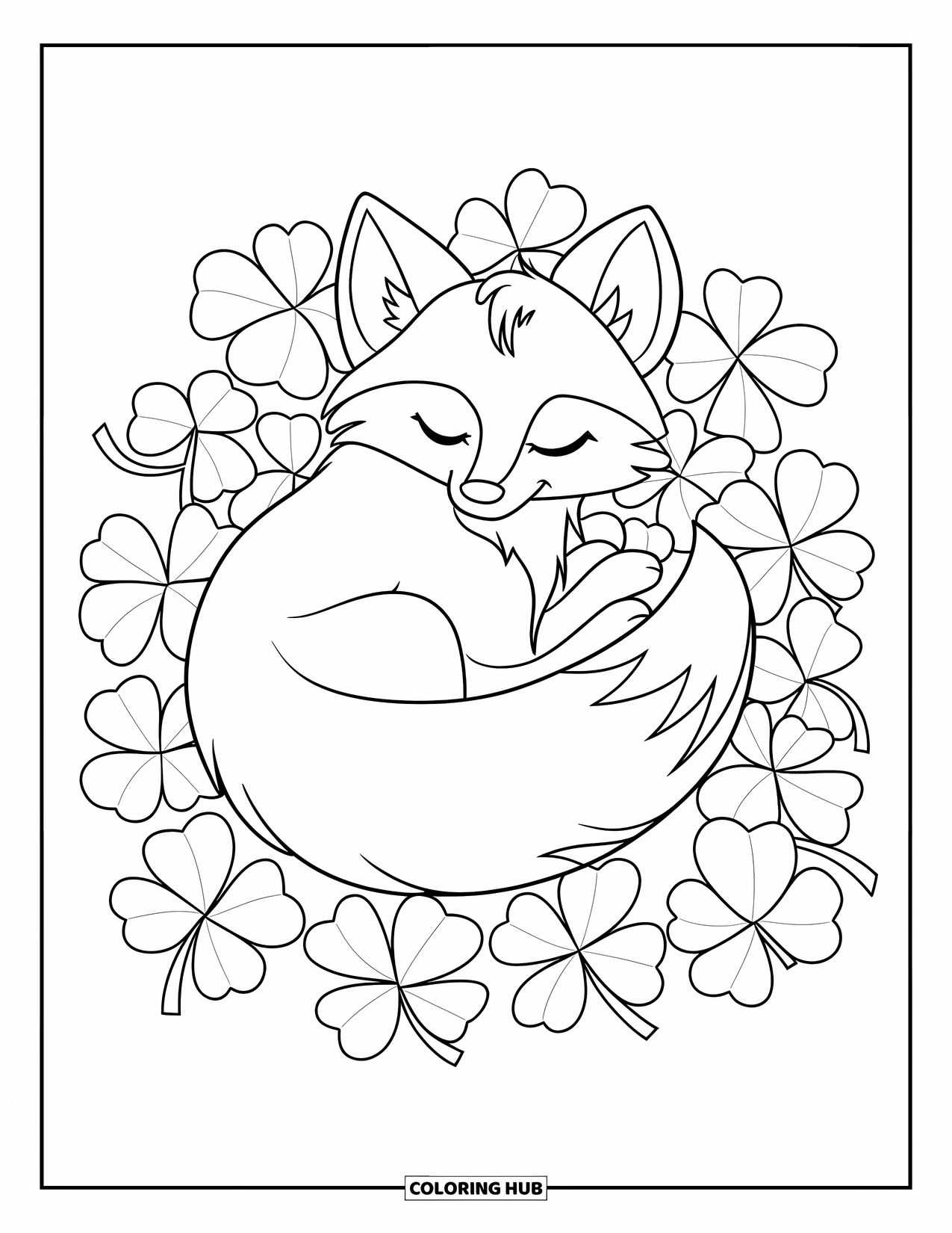 Four Leaf Clover Coloring Page for Kids: A fox curled up in a bed of four-leaf clovers