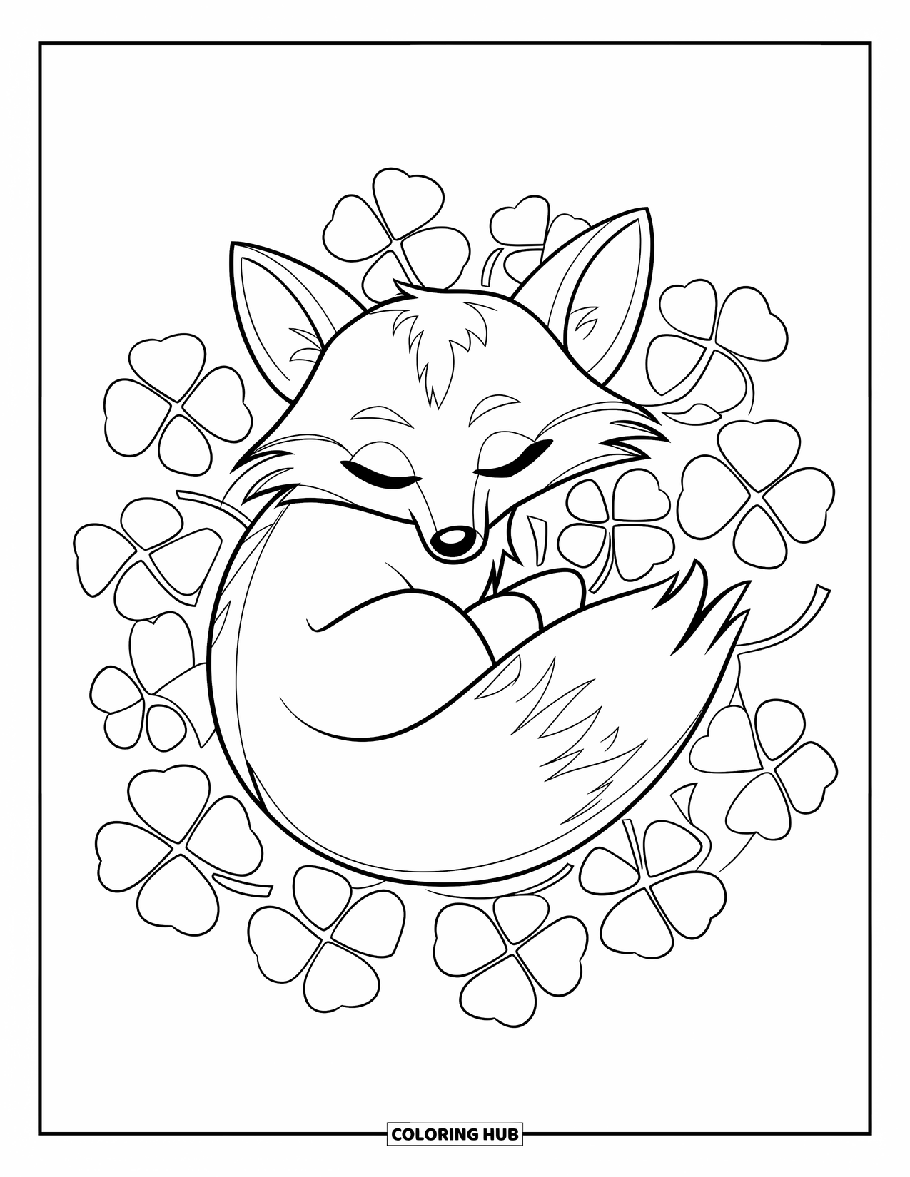Four Leaf Clover Coloring Page for Kids: A fox sleeping in a bed of clovers