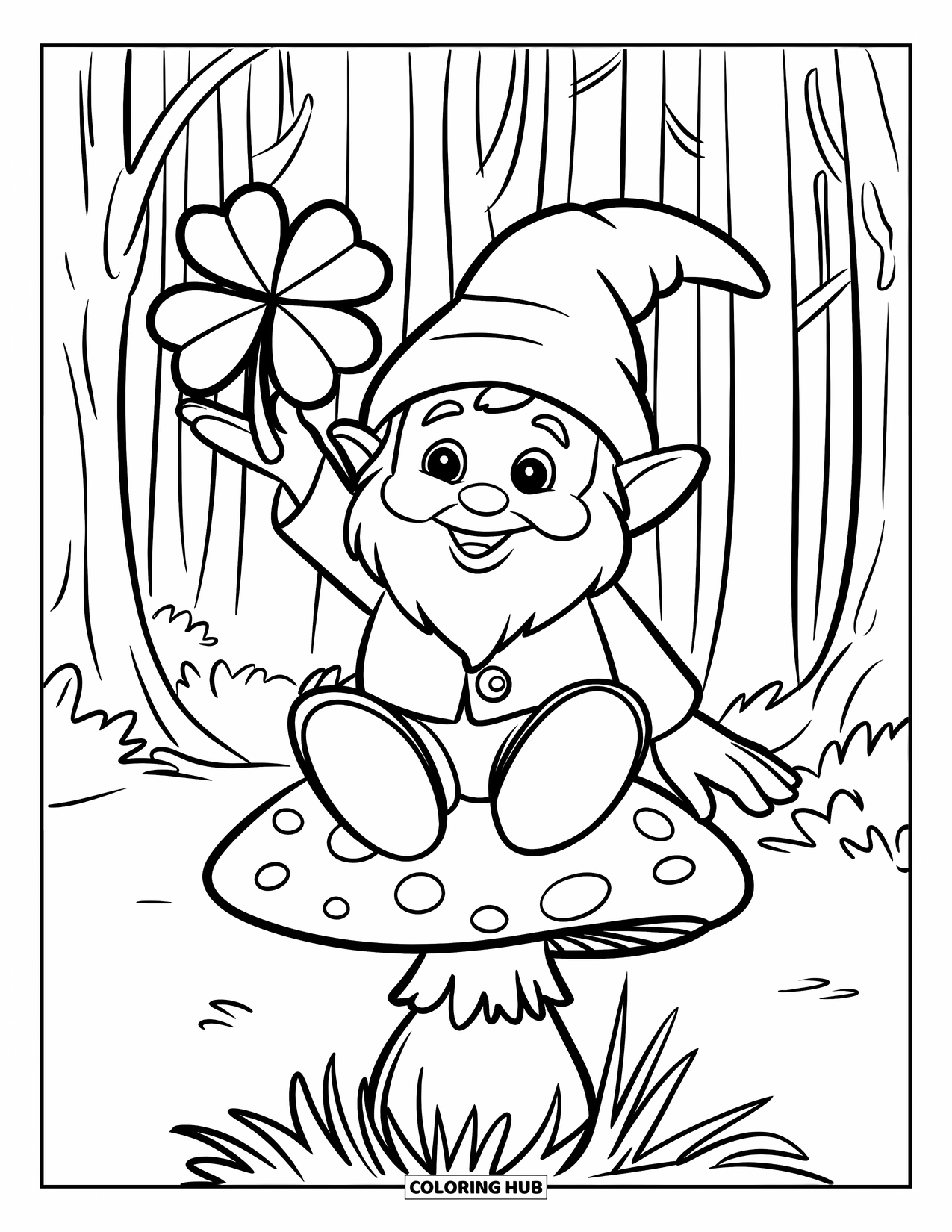 Four Leaf Clover Coloring Page for Kids: A gnome on a mushroom in a forest of tall trees