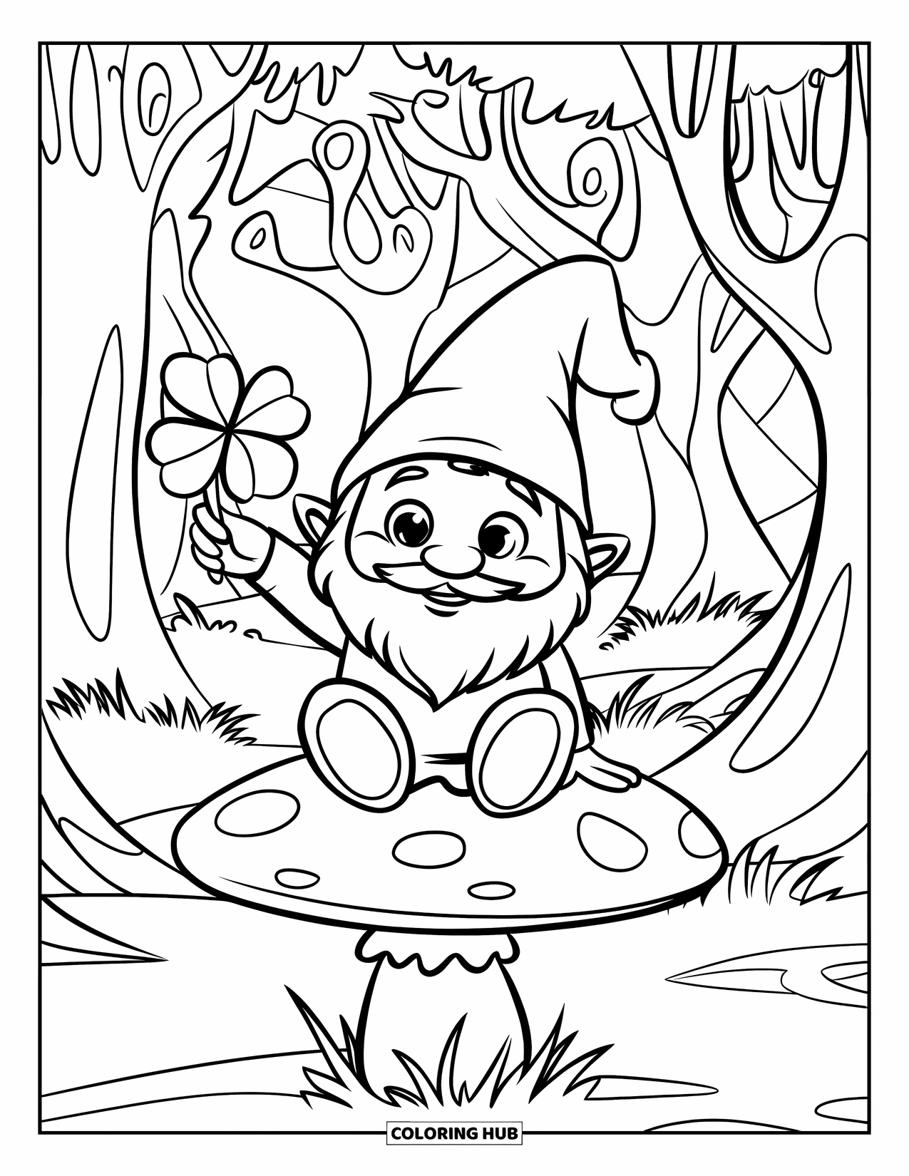 Four Leaf Clover Coloring Page for Kids: A gnome with a clover and spiral trees around