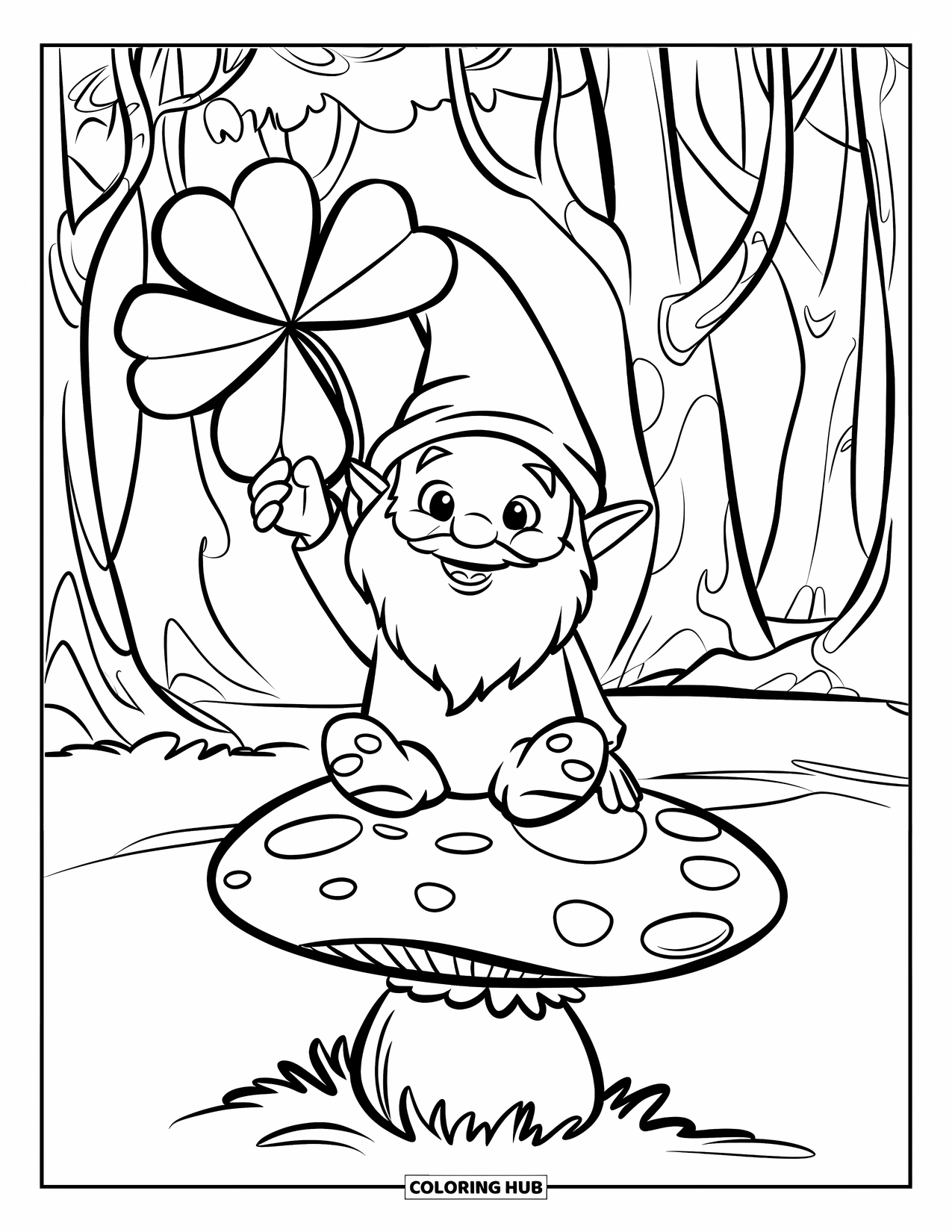Four Leaf Clover Coloring Page for Kids: A gnome with a clover on a mushroom in a forest