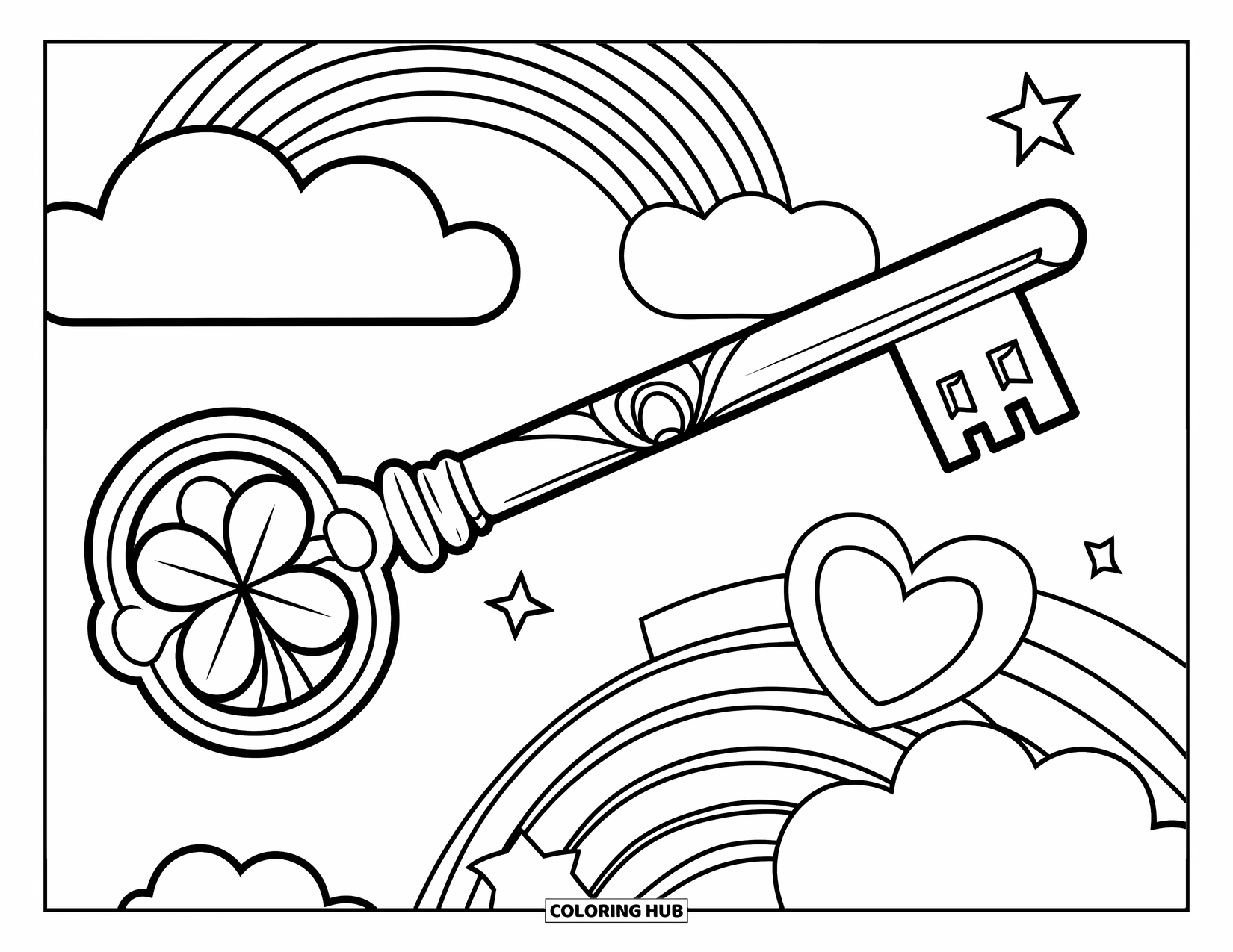 Four Leaf Clover Coloring Page for Kids: A key with a clover handle hanging from a cloud
