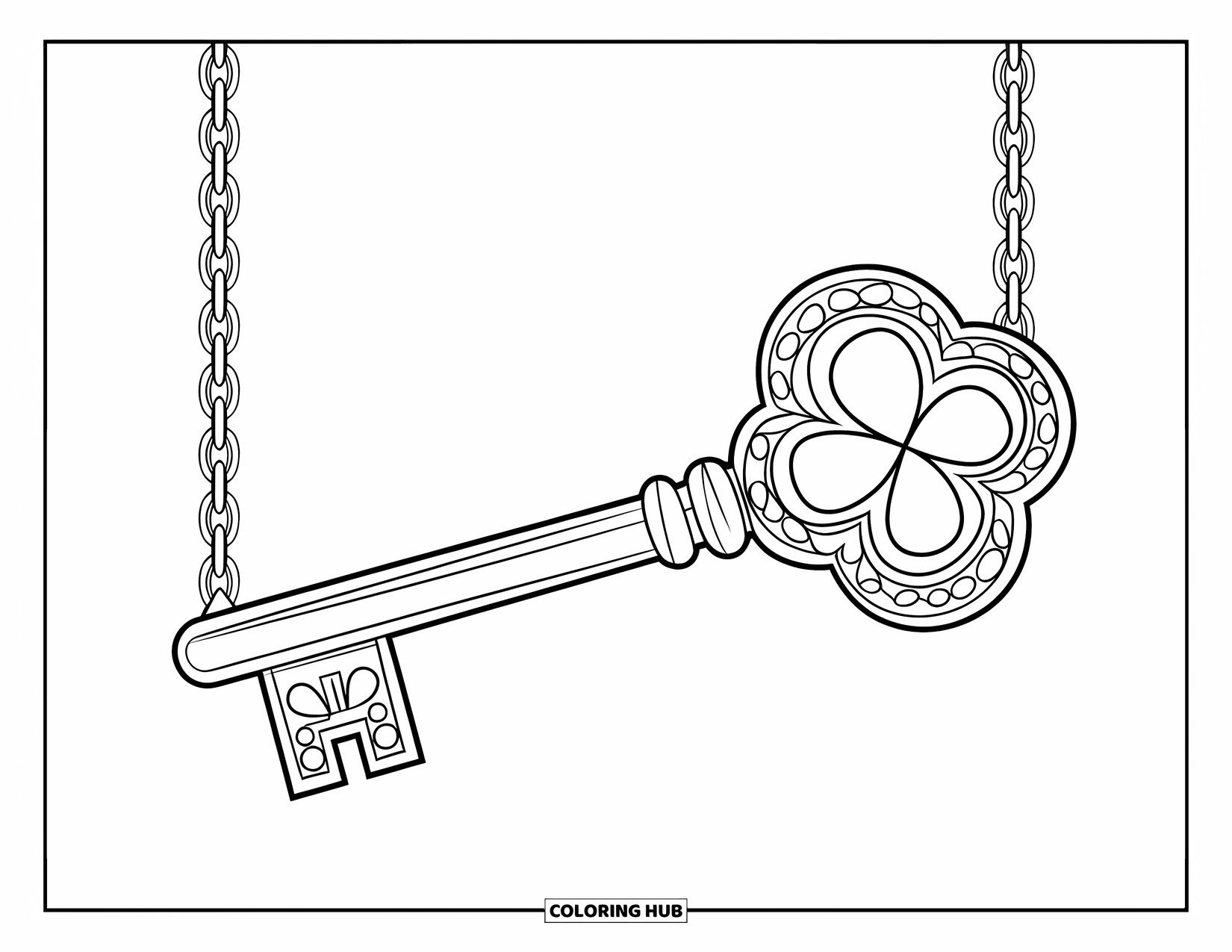 Four Leaf Clover Coloring Page for Kids: A key with a four-leaf clover in the handle