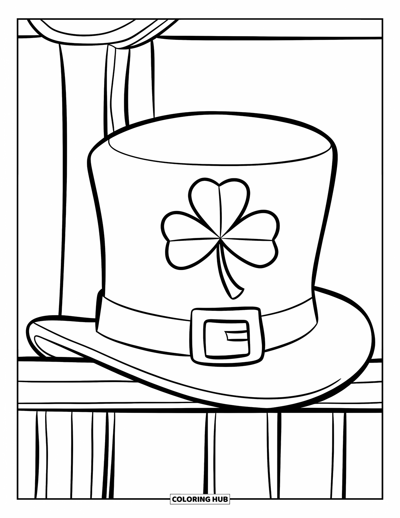 Four Leaf Clover Coloring Page for Kids: A leprechaun's hat with a clover on a shelf