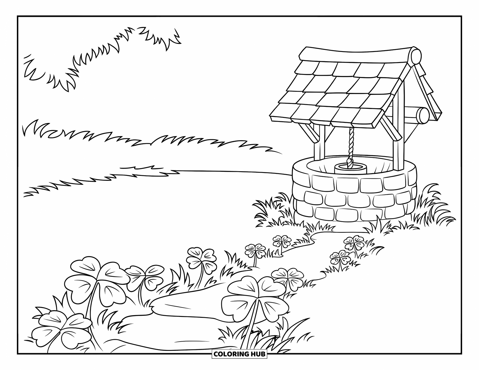 Four Leaf Clover Coloring Page for Kids: A path of clovers leading to a simple wishing well