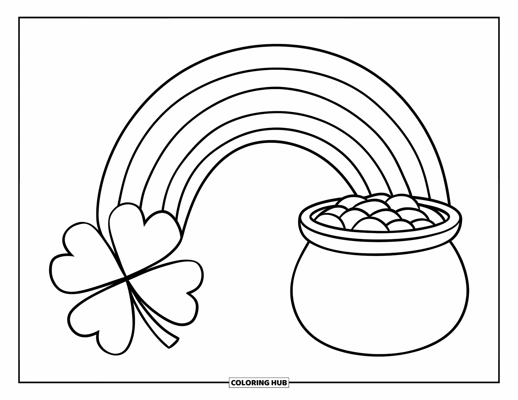 Four Leaf Clover Coloring Page for Kids: A rainbow with a pot of gold and a clover