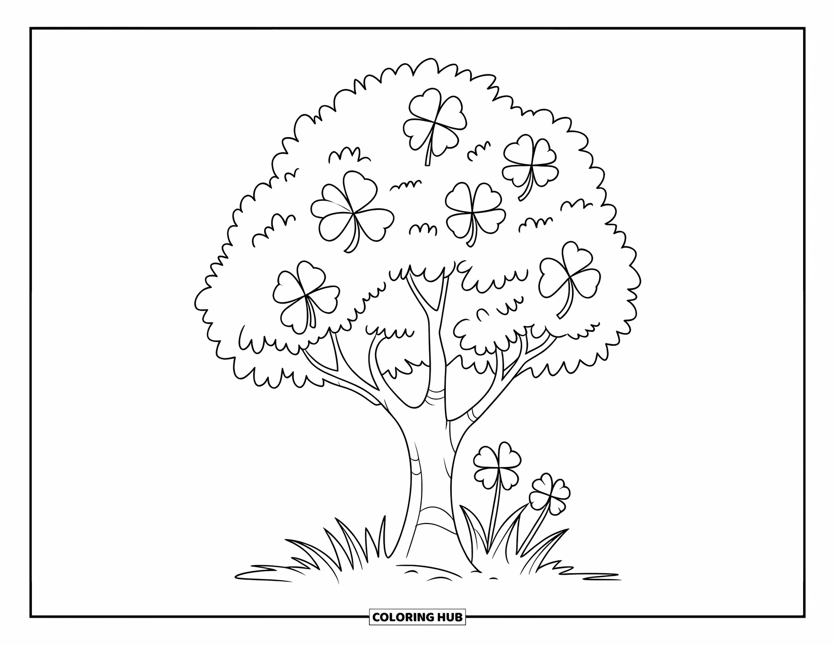 Four Leaf Clover Coloring Page for Kids: A tree with clovers and flowers around it
